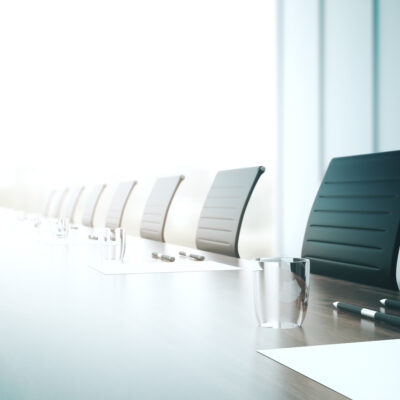 Table with equipment in conference room. Close up. 3D Rendering