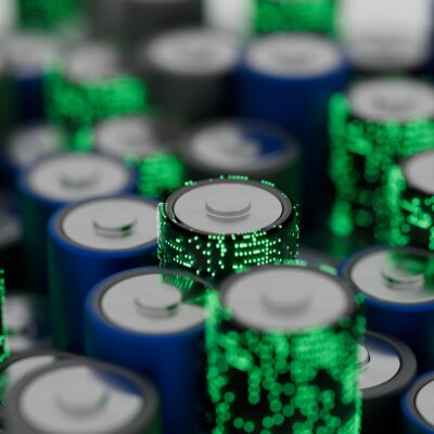 Blue and green image of batteries, battery manufacturing