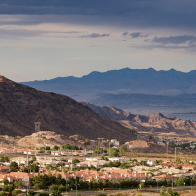 Scenic view of a Las Vegas valley neighborhood surrounded by desert mountains