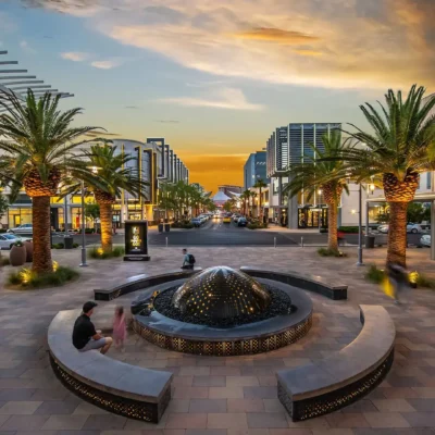 Downtown Summerlin – A modern shopping and entertainment district with palm trees, fountains, and a sunset in the background.