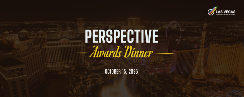 Cityscape of Las Vegas at night with bright lights. Text reads "Perspective Awards Dinner" and "October 15, 2026." Las Vegas logo in the top right.