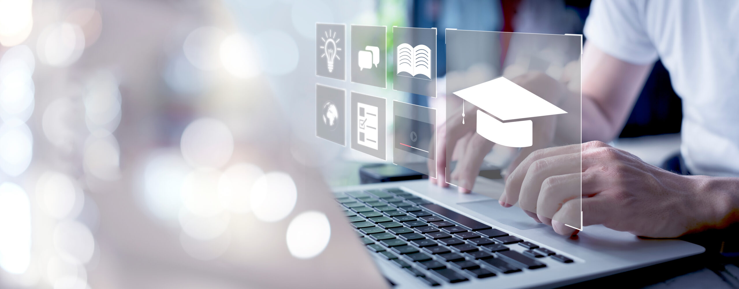 Concept of Online education. man use Online education training a