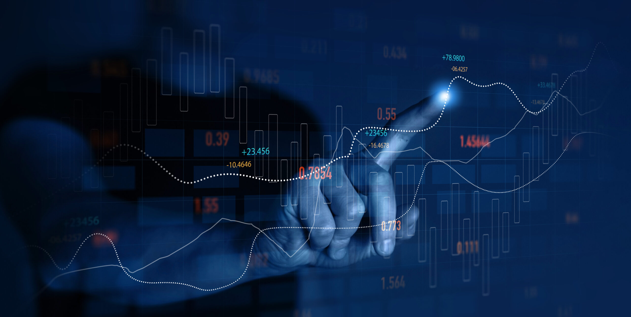Trader analyzing data on virtual screen.Price graph and indicator. Stock market invest and crypto currency. Stock market and business investment.